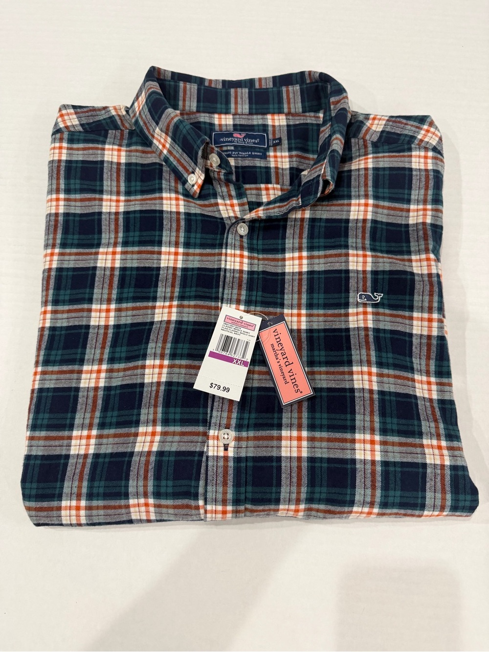 Vineyard Vines Navy, Orange & White Plaid Flannel Button-Down Shirt